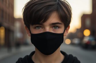 Мальчик в маске смотрит на камеру