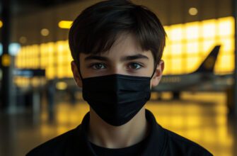 Мальчик в маске смотрит на камеру