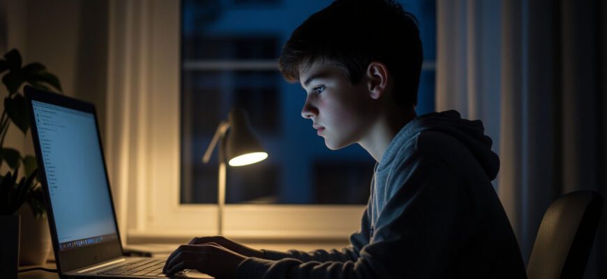 Подросток сидит у окна в вечернем свете и размышляет о личных границах