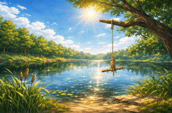 Дети у лесного озера прыгают с тарзанки в летний день перед расставанием