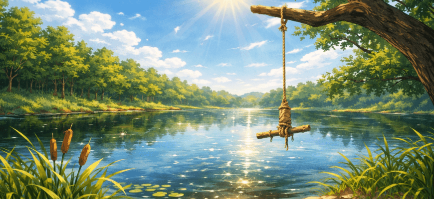 Дети у лесного озера прыгают с тарзанки в летний день перед расставанием