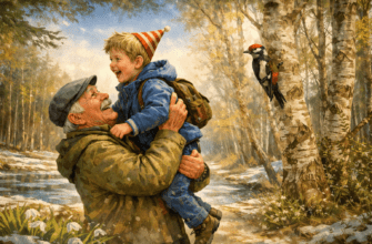 Дедушка держит на руках внука в зимнем лесу — тихий момент заботы и близости